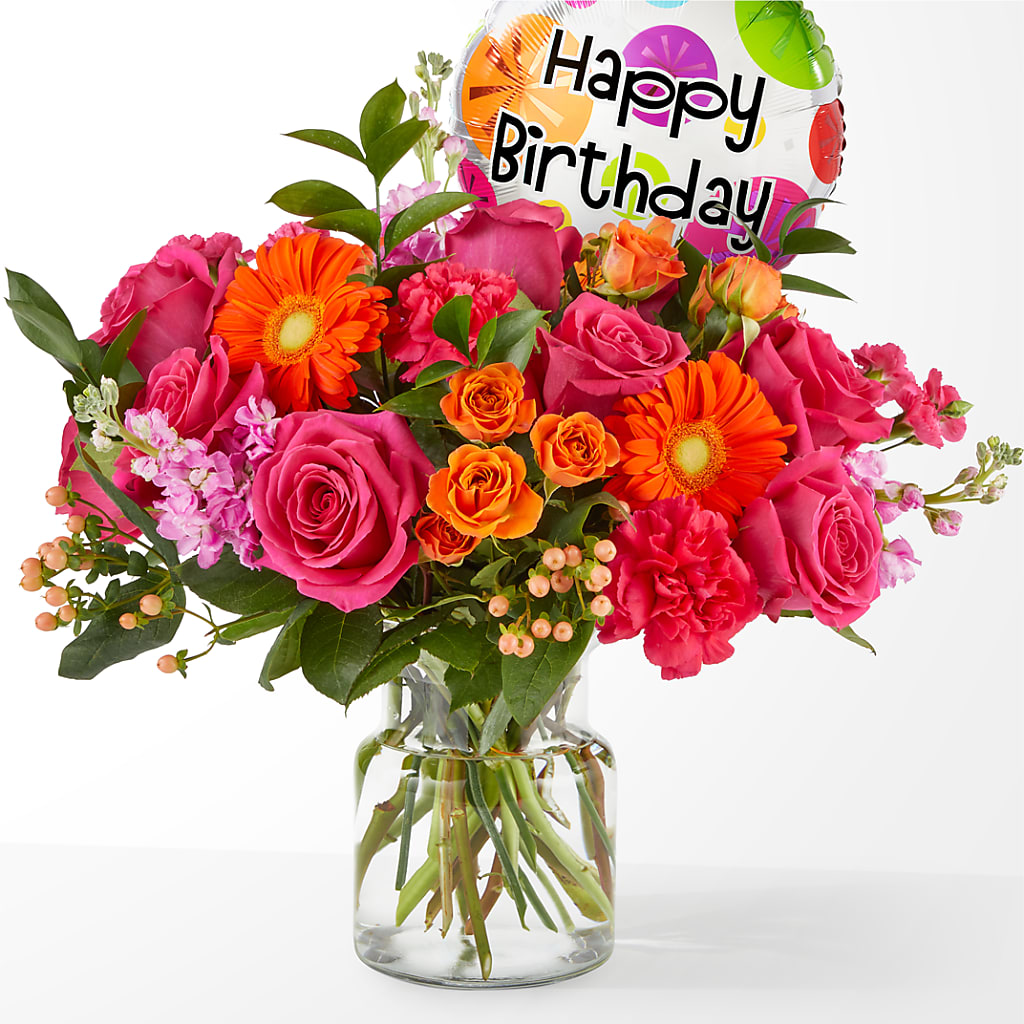 Fiesta Bouquet with Birthday Balloon – Bloomtopia, New Bedford MA