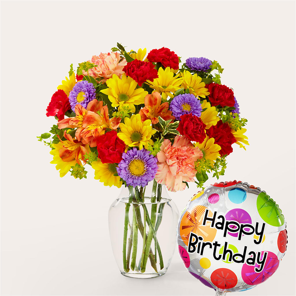 Kaleidoscope Bouquet with Birthday Balloon – Bloomtopia, New Bedford MA