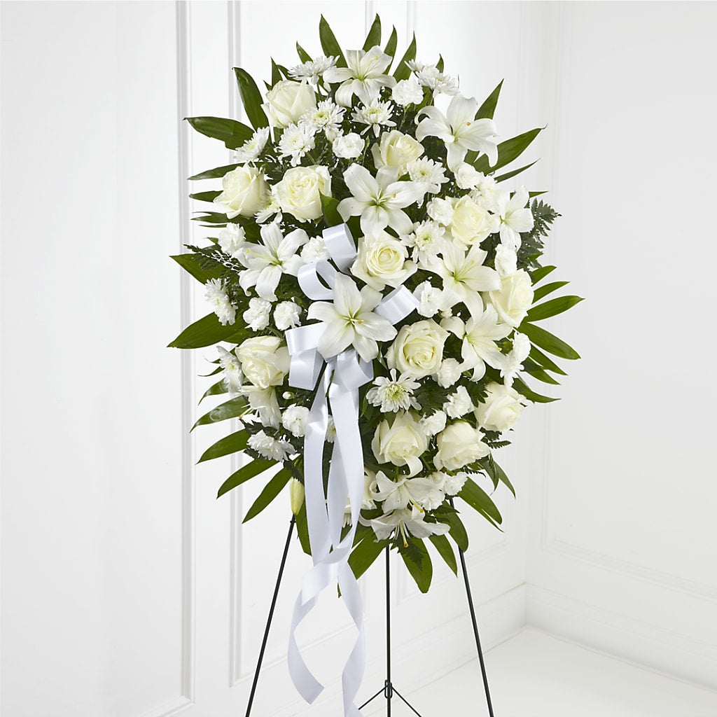 Exquisite Tribute Standing Spray-White Ribbon – Bloomtopia, New Bedford MA